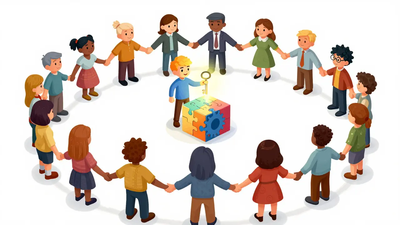 Circle of people holding hands forming a chain of light around a central puzzle box.