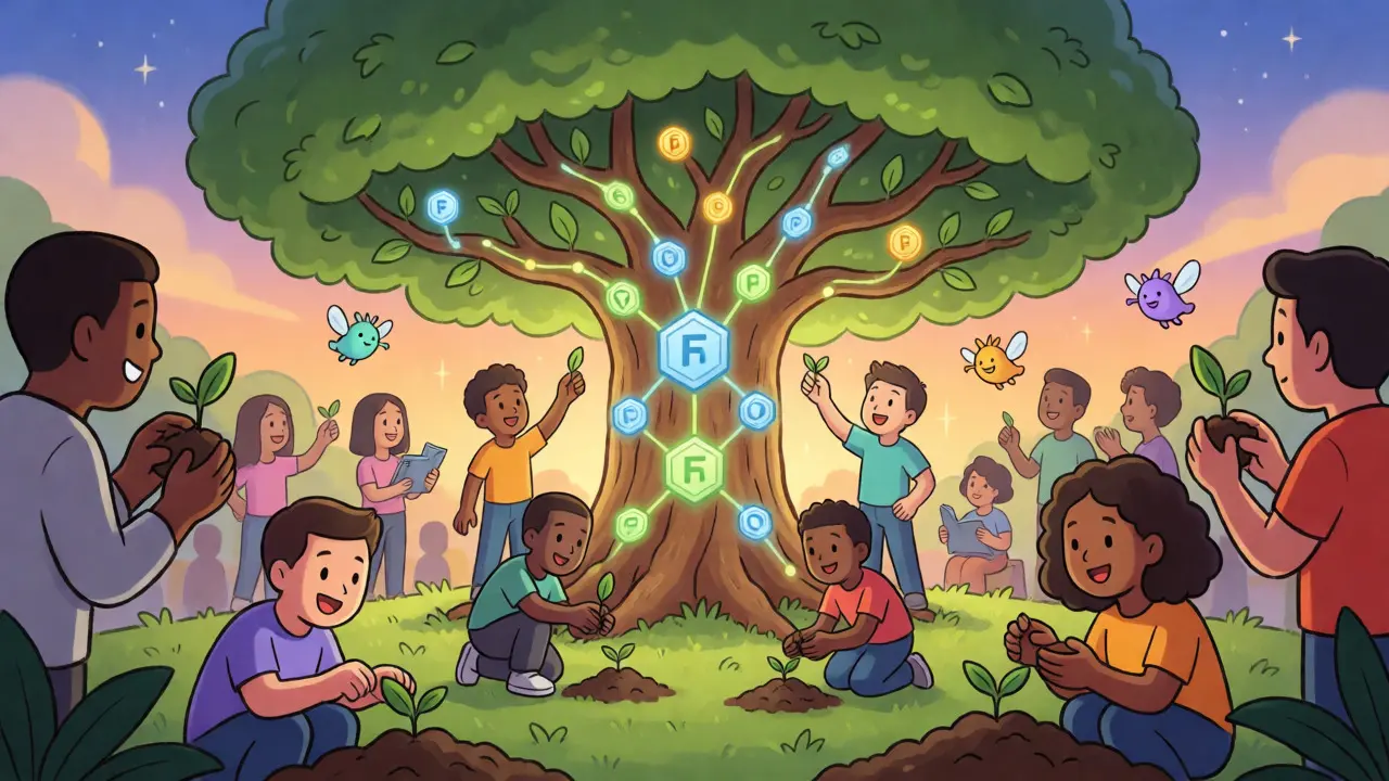 Community interacting with a blockchain tree of NFTs