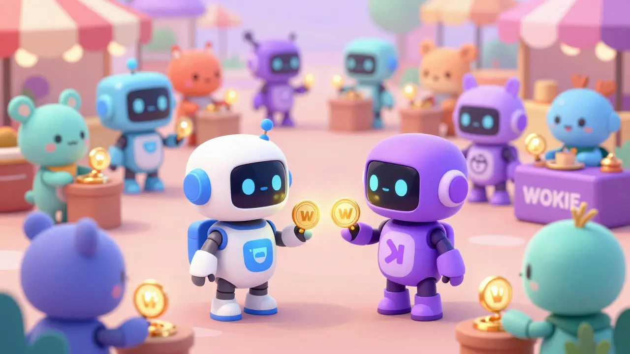 Cute AI agent creatures exchanging glowing tokens in marketplace