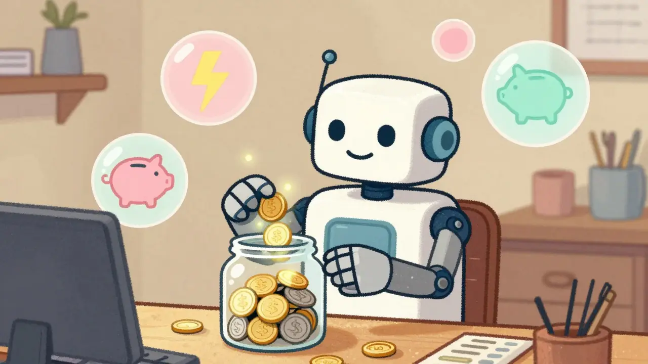 Cute robot stacking glowing coins in a magical workshop, symbolizing low fees and savings