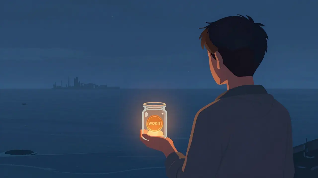 Figure holding glowing token jar overlooking quiet digital horizon