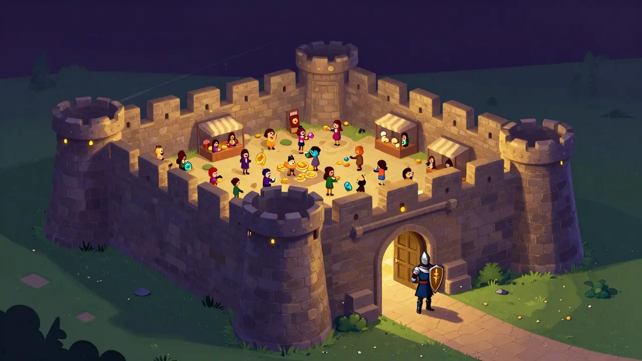 Fortress with a single guarded gate protecting a busy internal marketplace of traders