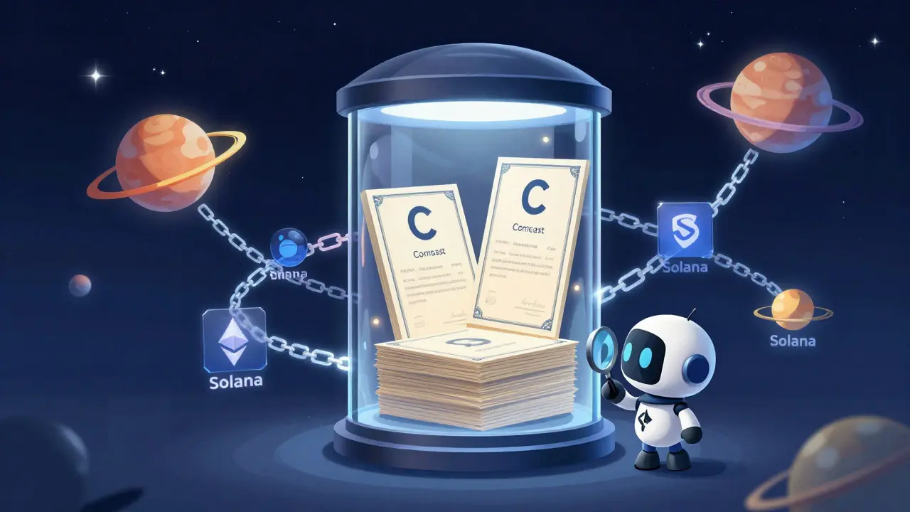 Glass vault containing stock certificates surrounded by glowing blockchain chains in a starry sky.