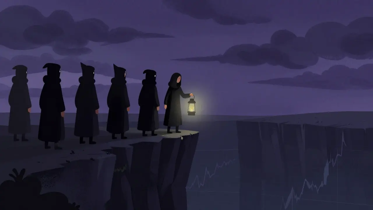 Hooded figures standing on a cliff edge overlooking a dark abyss