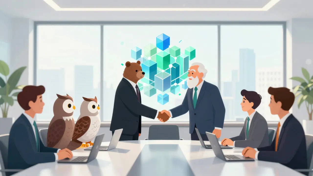 Illustrated business figures shaking hands in a boardroom with a crystal blockchain background.