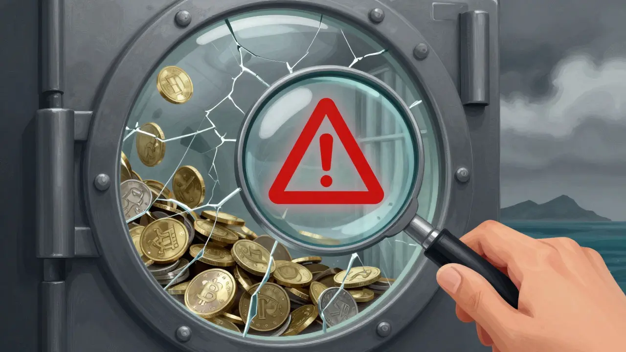 Illustration of a cracked vault with warning signs, representing crypto security risks and lack of transparency