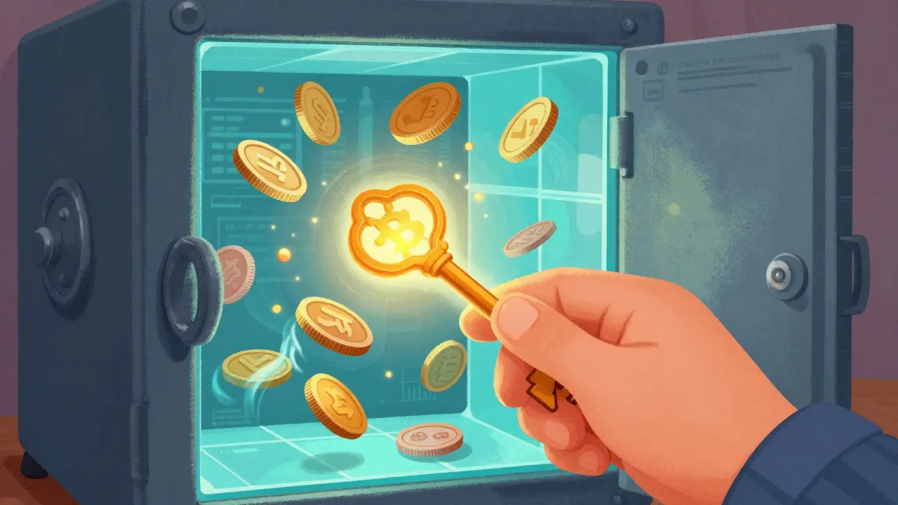 Illustration of a hand unlocking a glass safe containing floating coins, symbolizing crypto trading risks