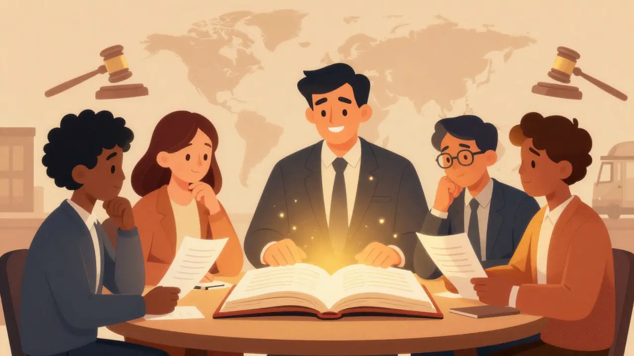 Illustration of business partners discussing costs and regulations over a glowing document