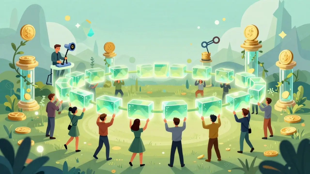 Illustration of people connecting glowing blockchain blocks in a fantasy setting