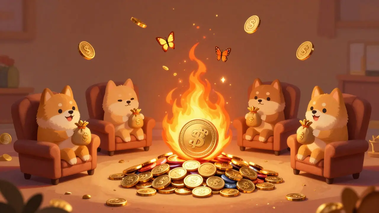 Illustration of tokens burning into butterflies while dogs receive rewards