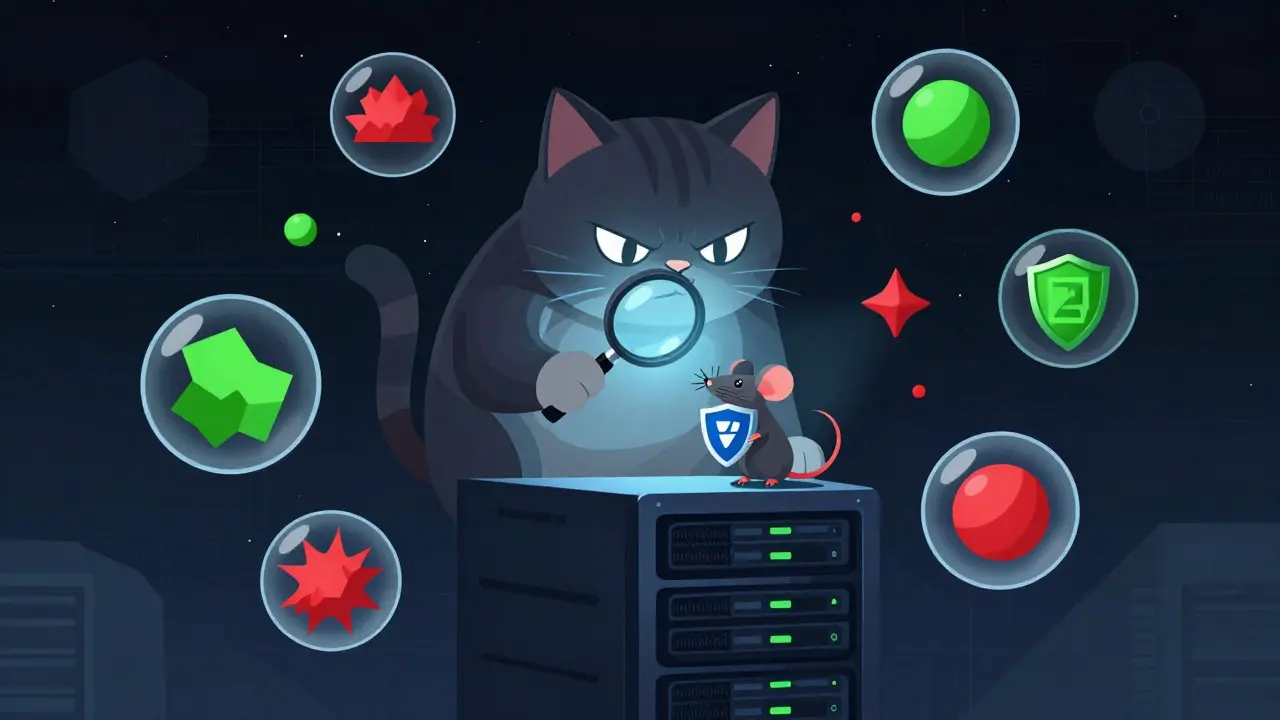 Large cat inspects small mouse with shield near server tower