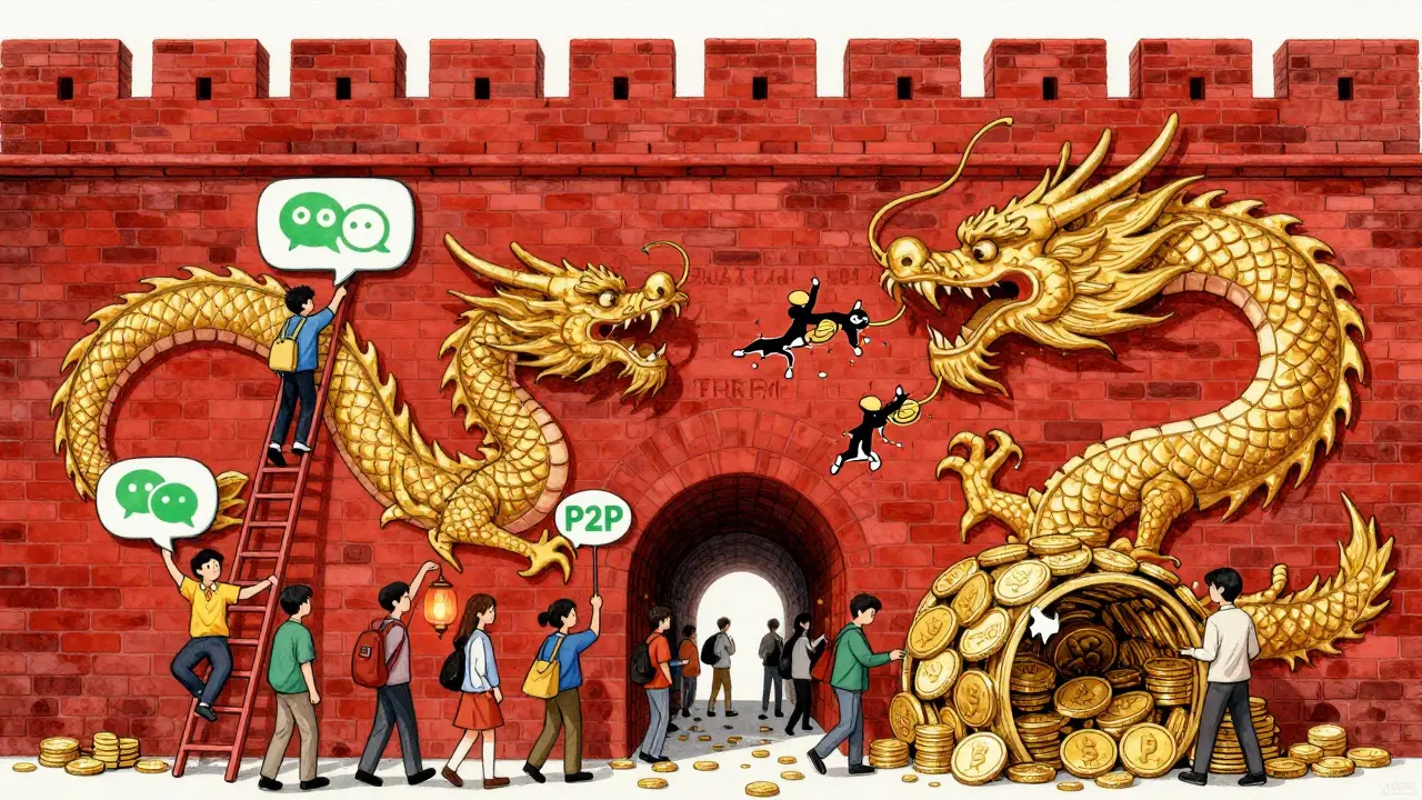 People using creative tools to bypass a symbolic firewall wall in a storybook style
