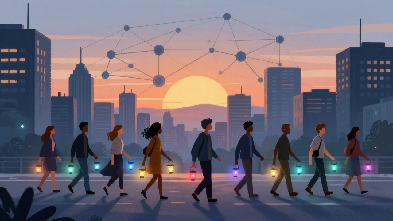 People walking with glowing identity lanterns under a decentralized network sky