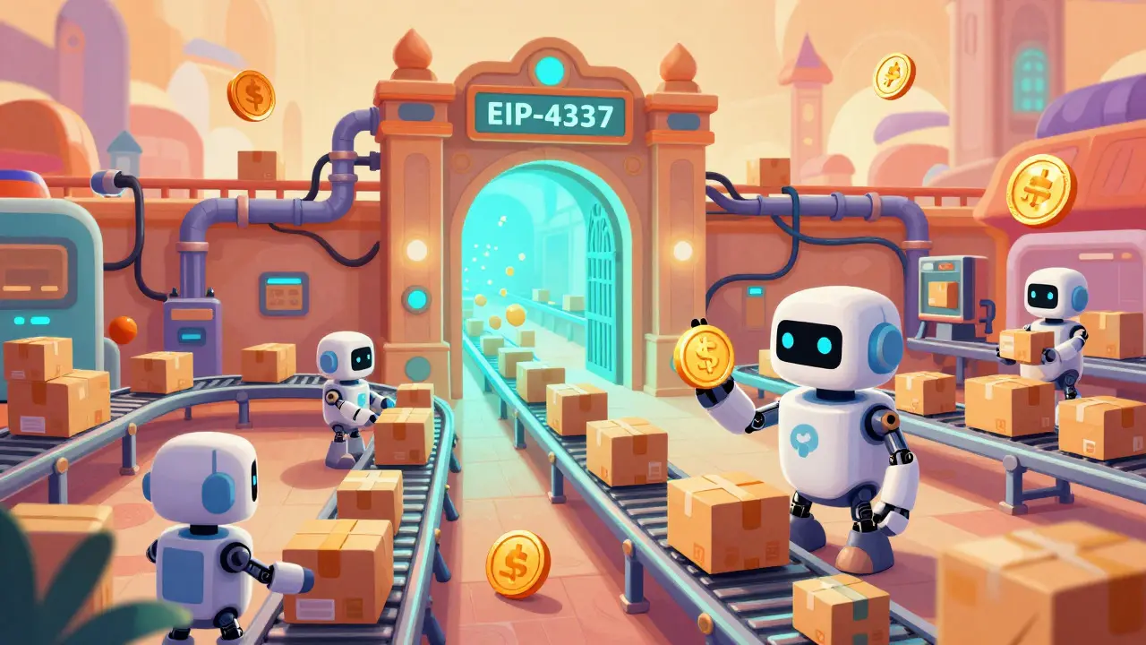 Robotic bundlers sorting digital parcels at a glowing gateway in a magical marketplace