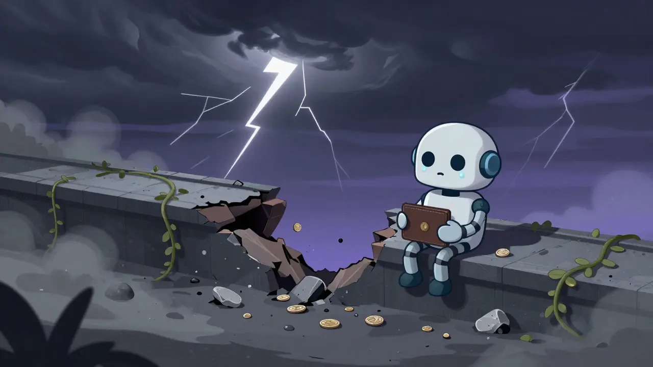 Sad robot sitting on a crumbling digital bridge amidst storm clouds, symbolizing ArthSwap's collapse.