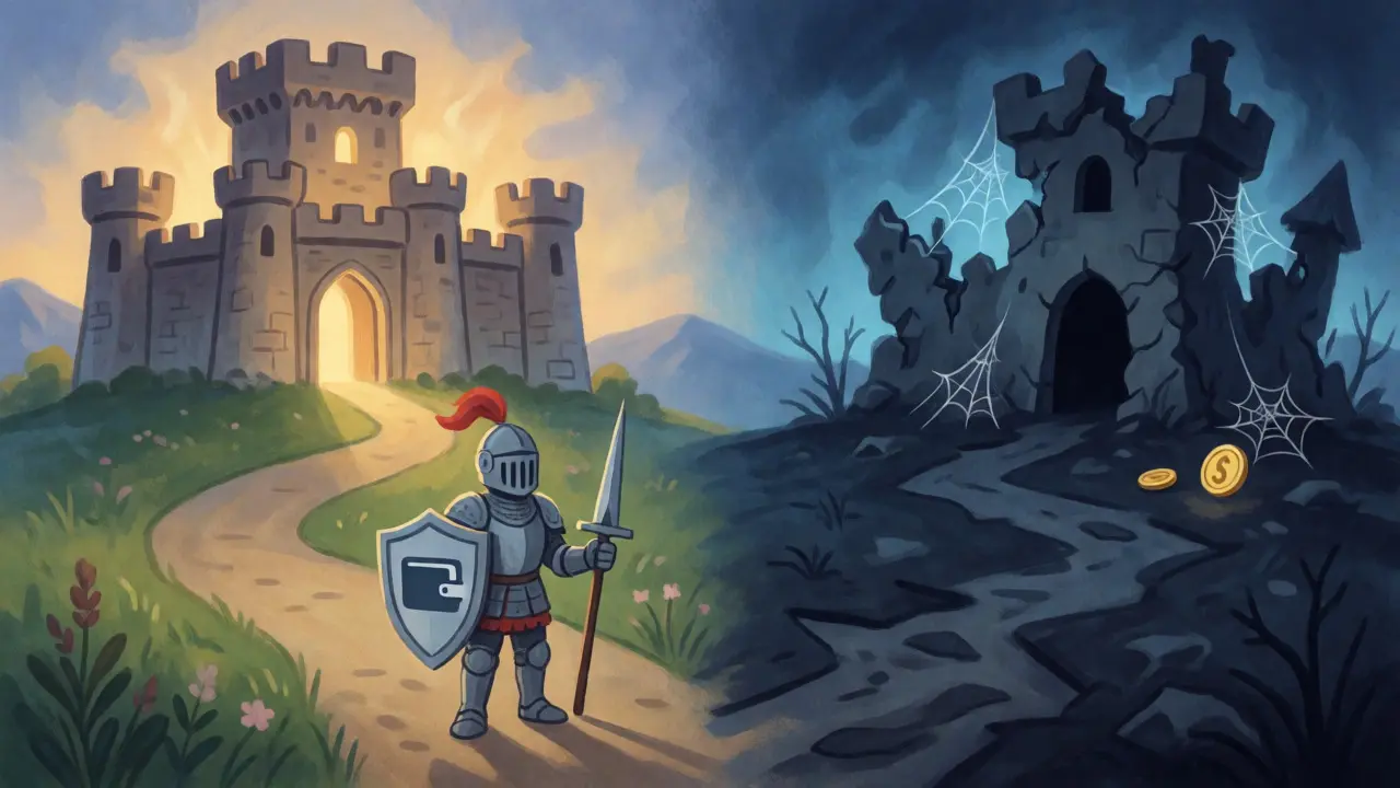 Safe path versus scam trap in a fantasy setting