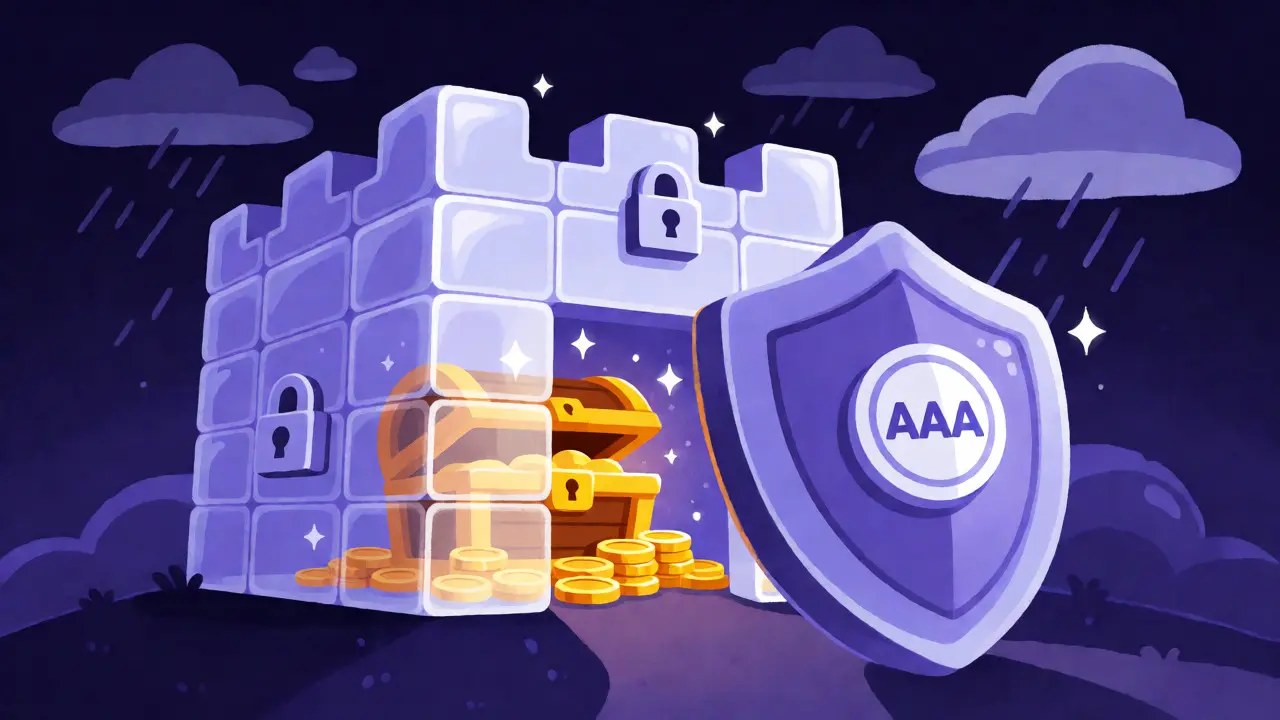 Secure crypto fortress with treasure and protective shield