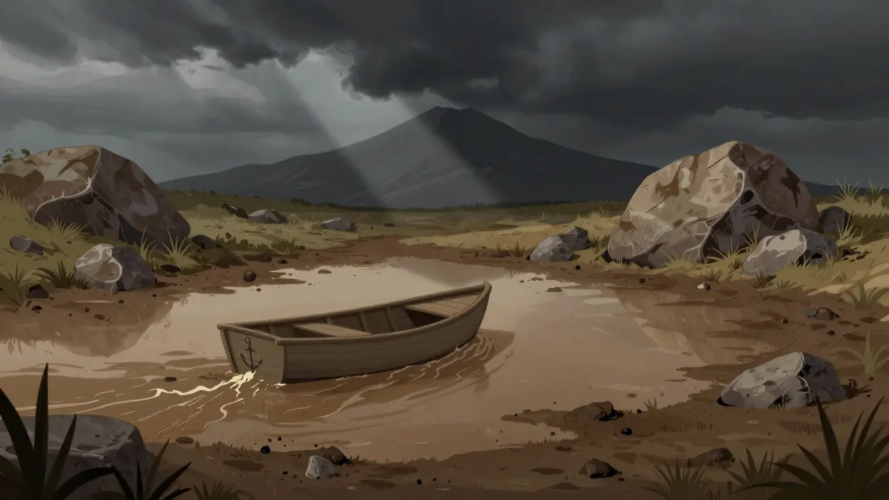 Small boat struggling in muddy water near a stormy mountain peak
