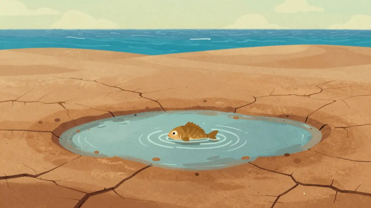 Small fish struggling in a shallow, dry puddle amidst cracked earth