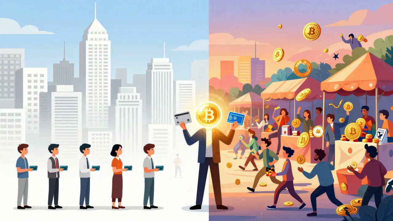 Split scene comparing regulated digital yuan city with free crypto market