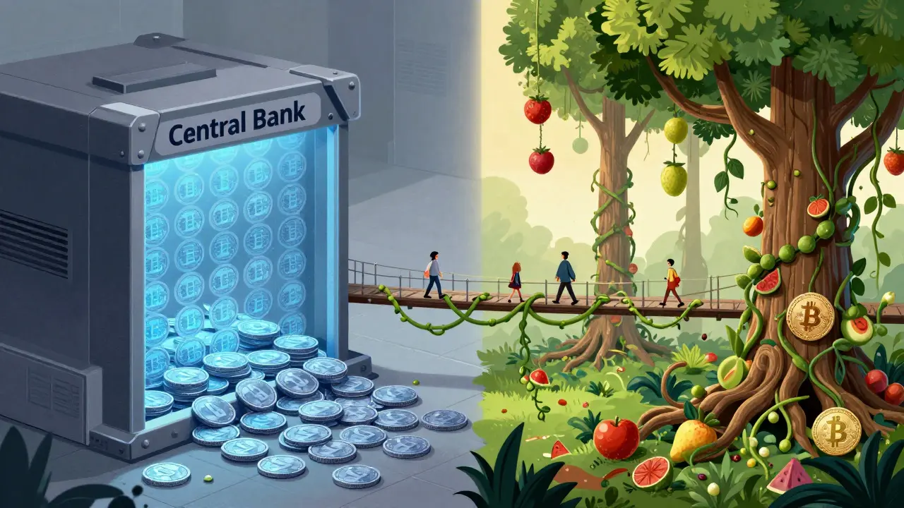 Split view contrasting rigid central bank control with wild decentralized growth