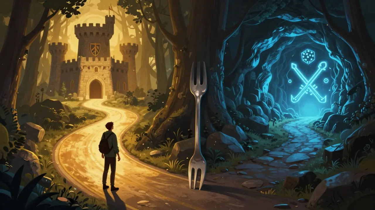 Storybook art of a traveler choosing between a safe castle path and a risky gaming cave entrance