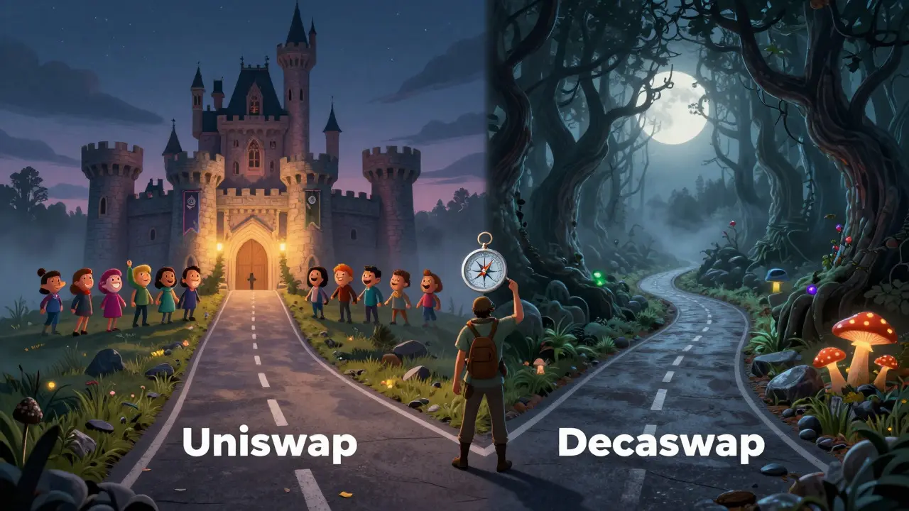 Storybook art of an adventurer choosing between a safe castle path and a risky forest trail