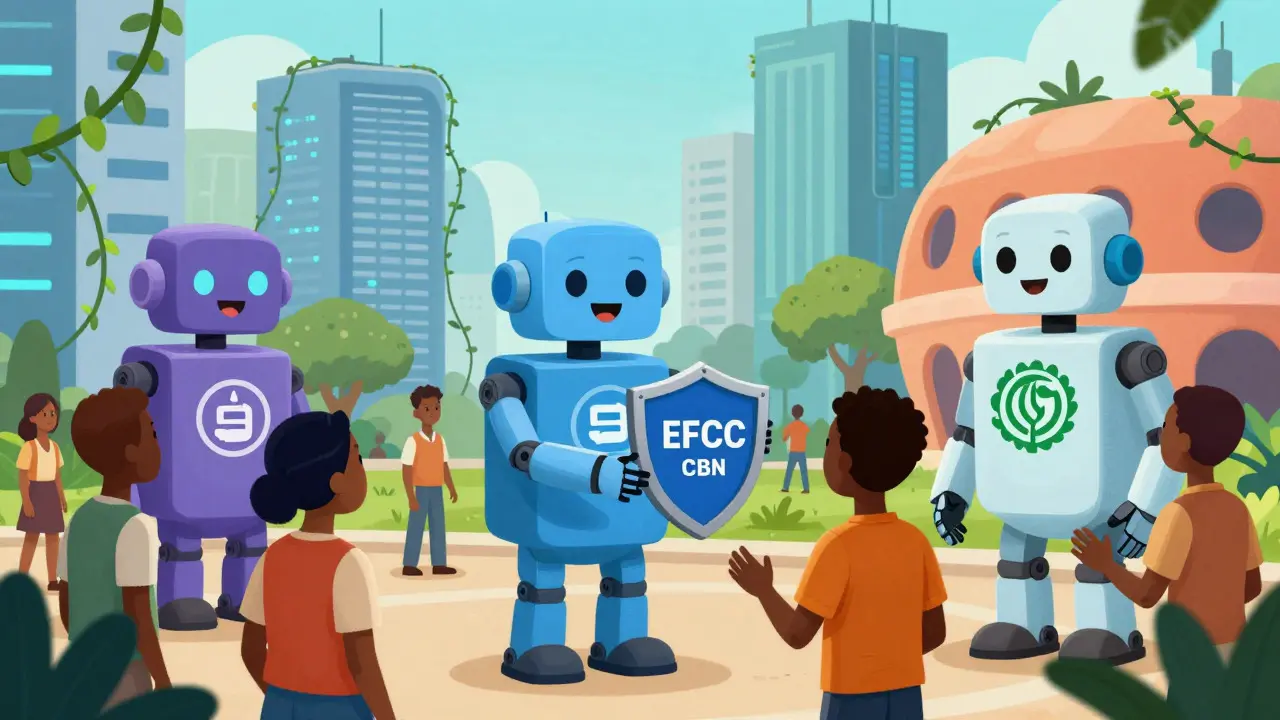 Traders interacting with friendly regulatory robot assistants in Lagos