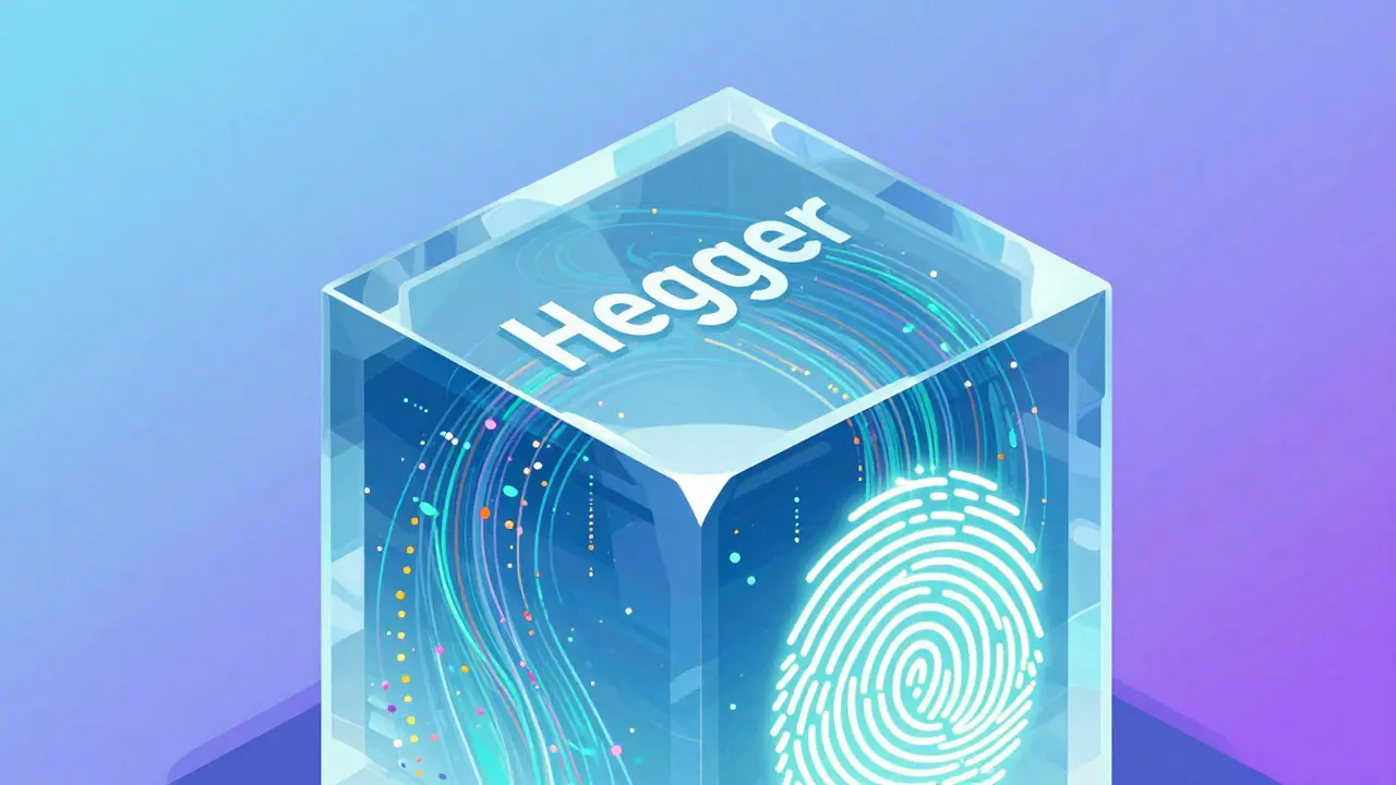Transparent crystal block containing swirling data streams and a glowing fingerprint seal.