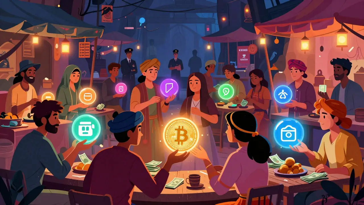 Underground market scene with people trading crypto via mobile wallet icons