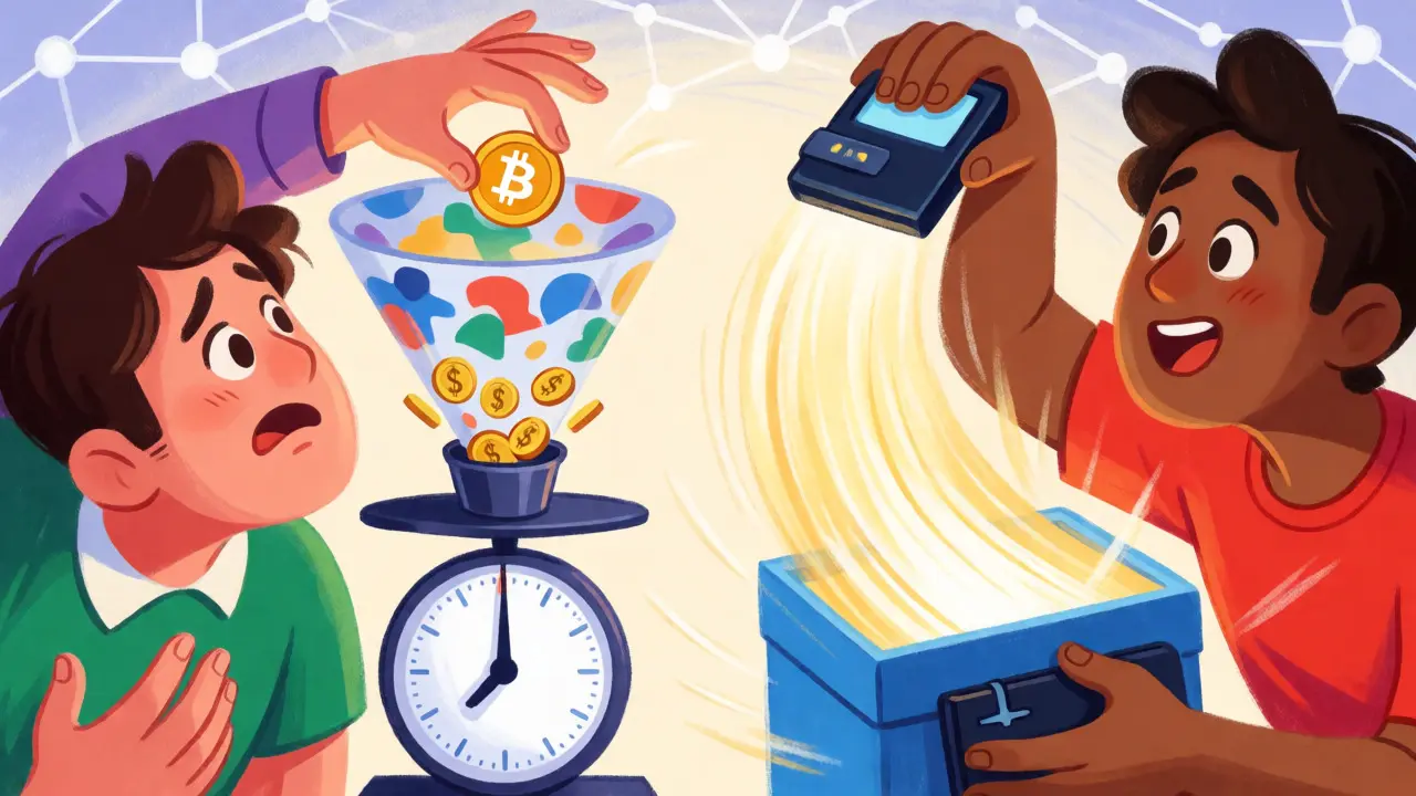 Visual comparison of fee-heavy funnel vs direct crypto payment stream