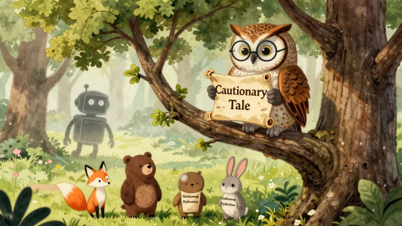 Wise owl teaching DeFi safety lessons while healthy animals thrive in a sunny forest setting.