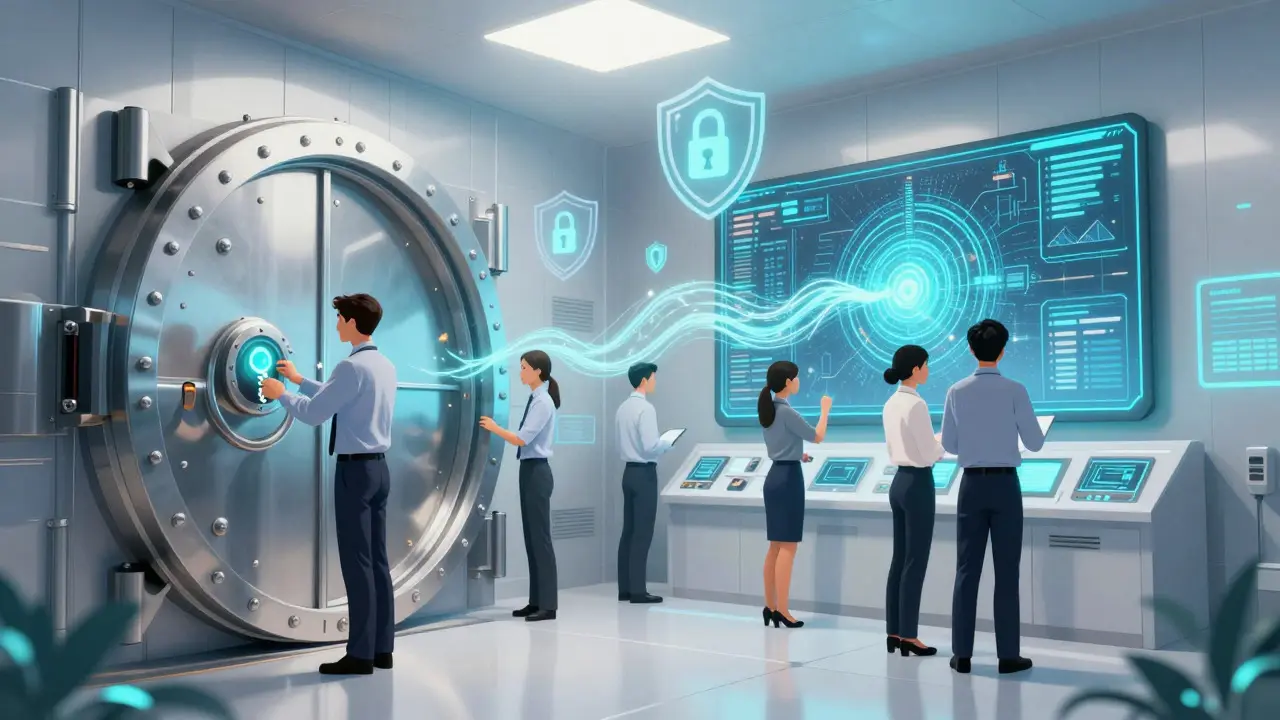 Workers securing digital assets in a high-tech cybersecurity vault