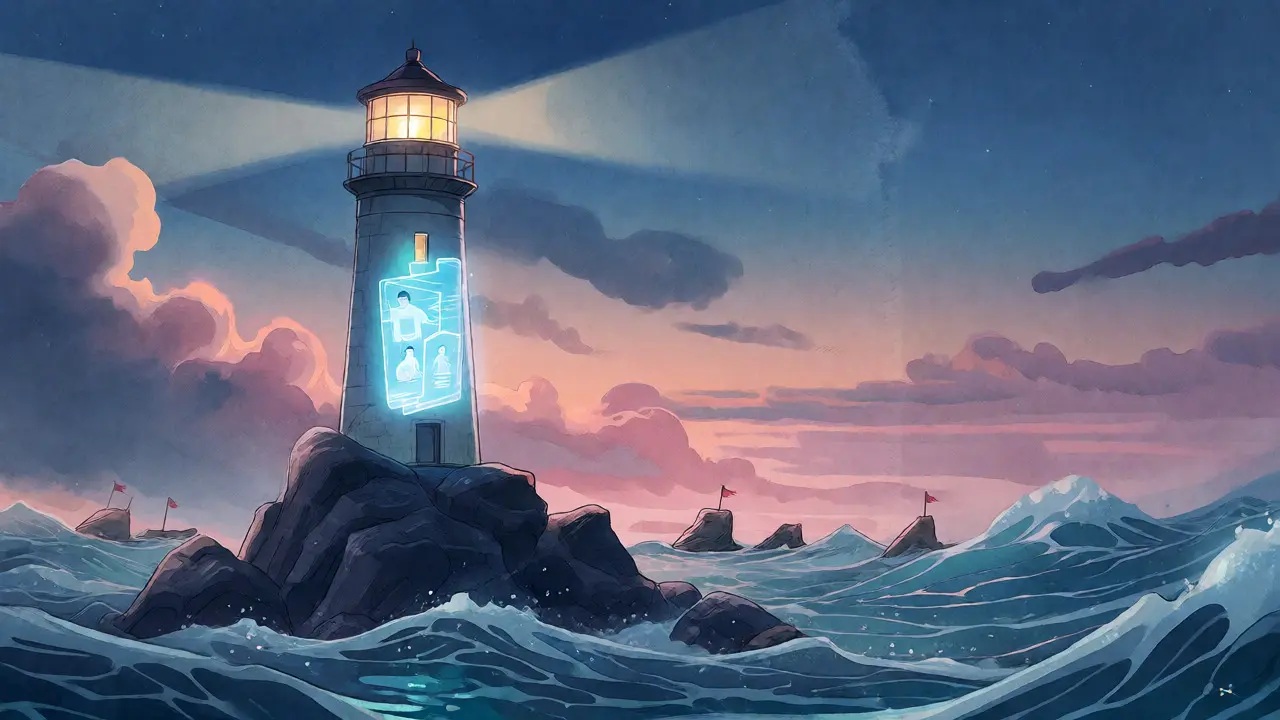 A lighthouse shining over digital waves, symbolizing the enduring TopGoal community.