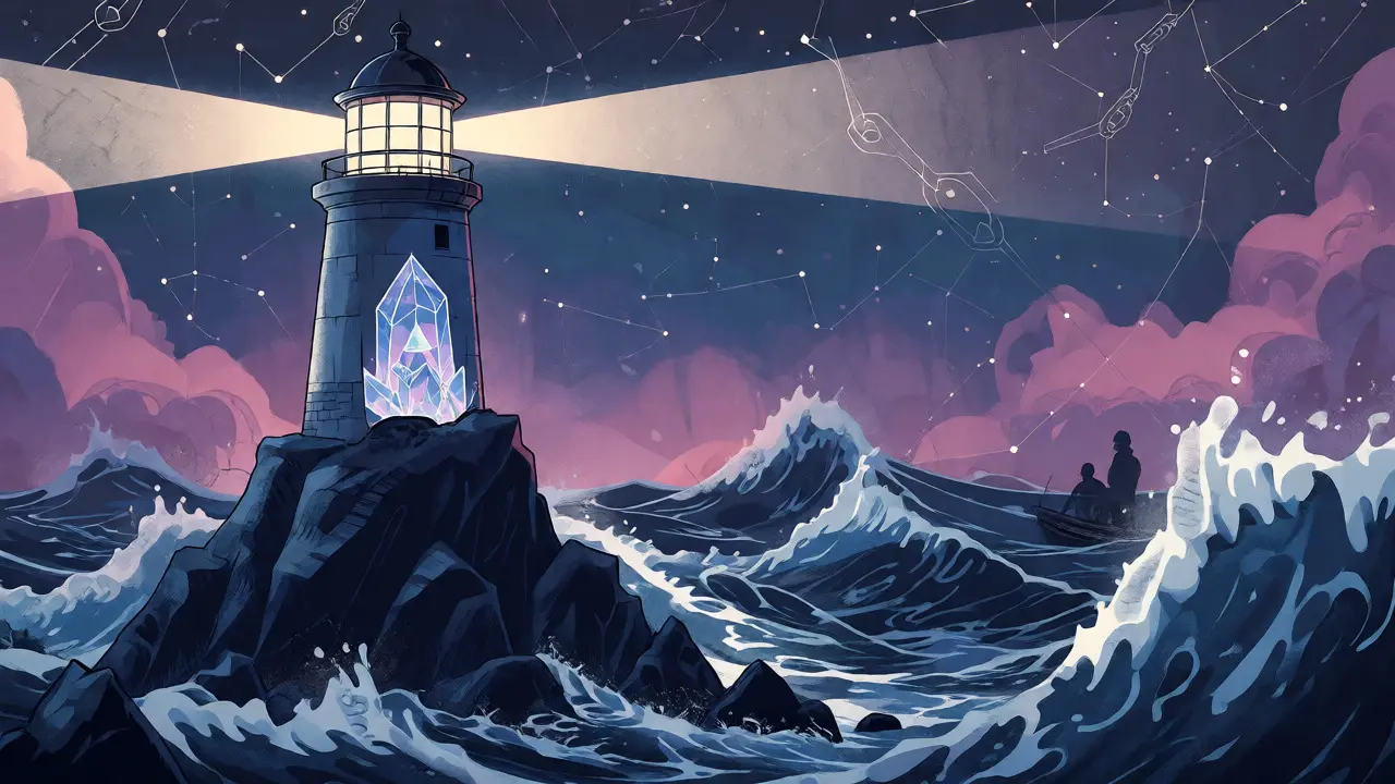 A lighthouse with glowing crystals standing firm against a stormy sea of market volatility.