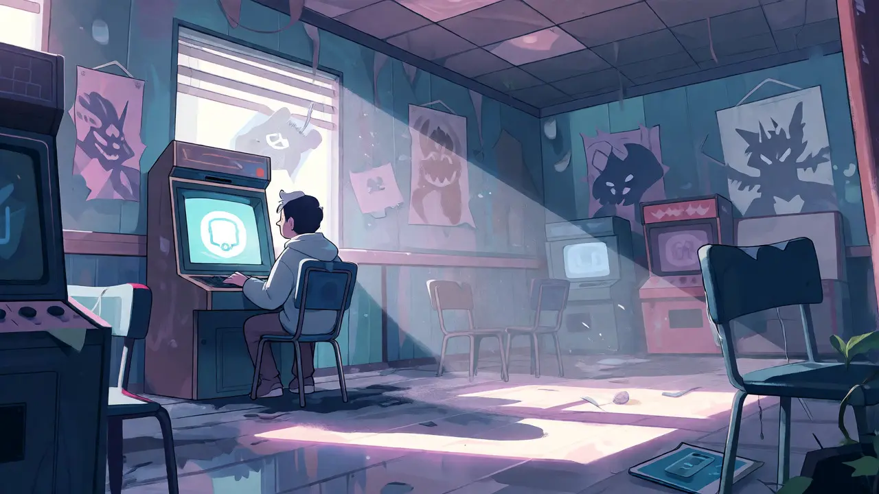 A lonely gamer in a dusty, empty arcade hall with faded monster posters.