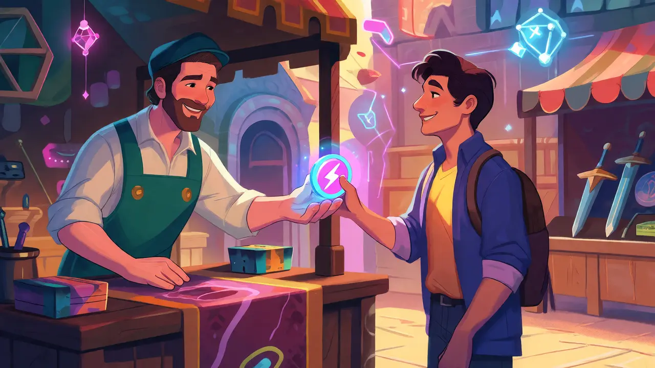 A merchant exchanging a glowing digital token in a fantasy market