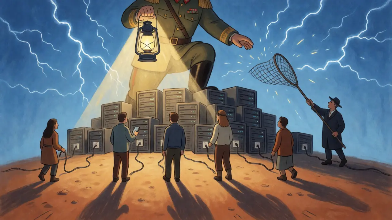 A military figure atop server mountains hoarding power while civilians and private miners struggle in the shadows.