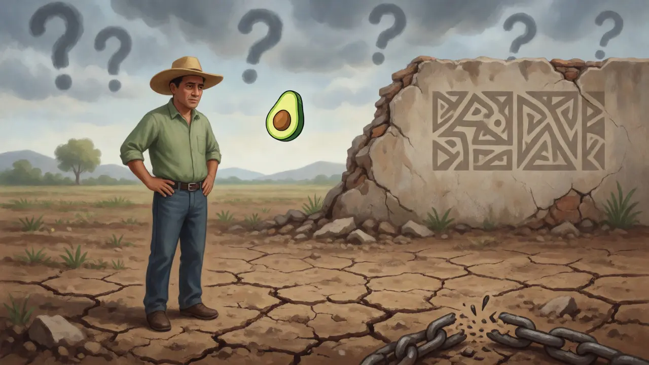 A skeptical farmer watching a floating digital coin in a dry, cloudy field.