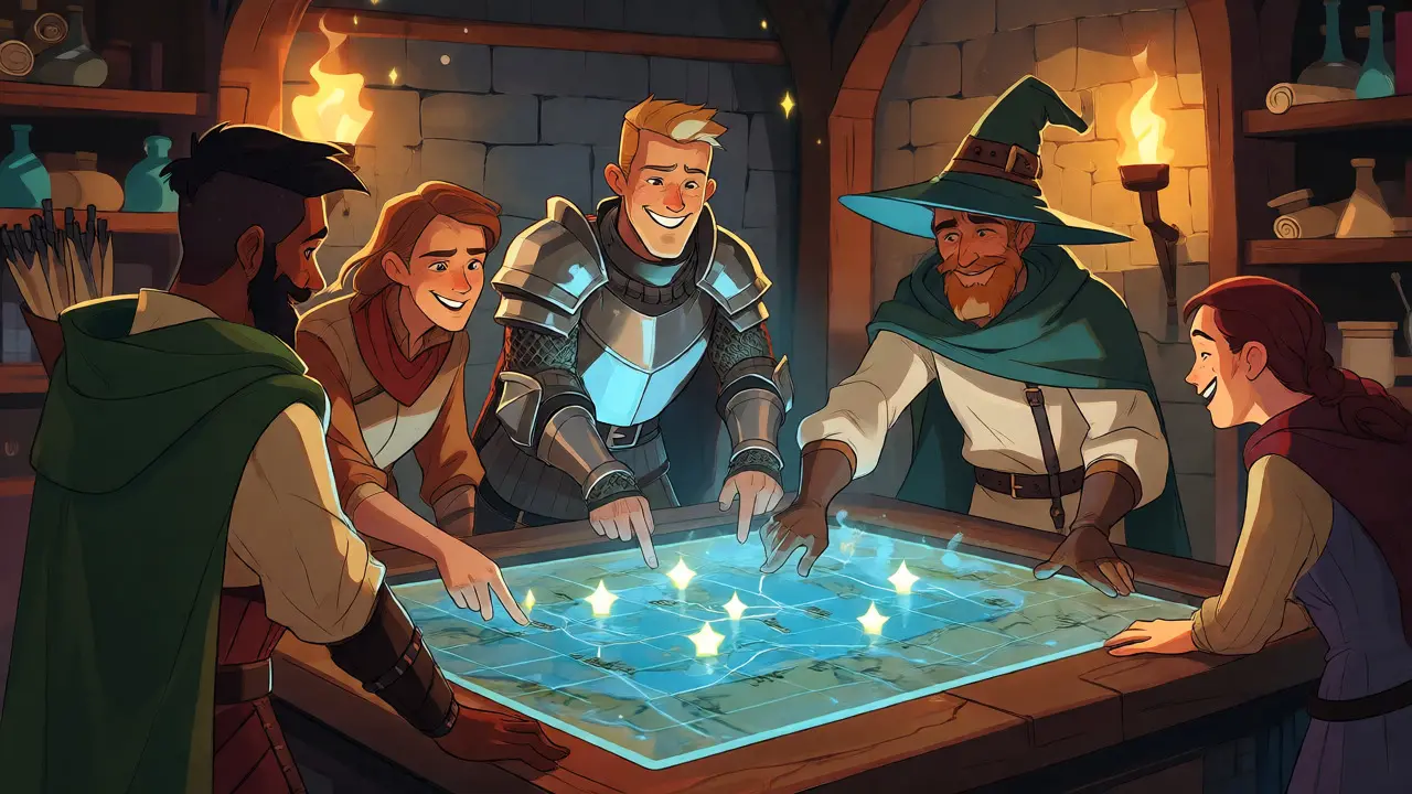 Adventurers planning strategies around a glowing map in a guild hall
