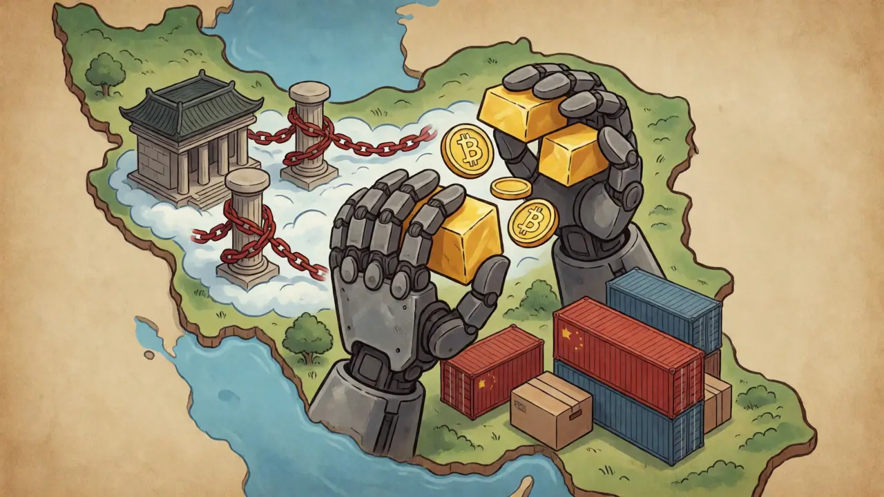 Armored hands lifting digital coins from an Iranian map, bypassing chained banks and connecting to global networks.