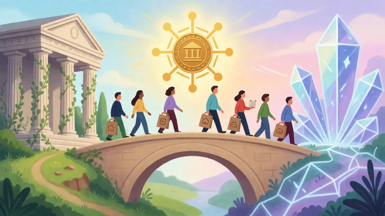 Bridge connecting traditional banks and decentralized networks for asset tokenization.