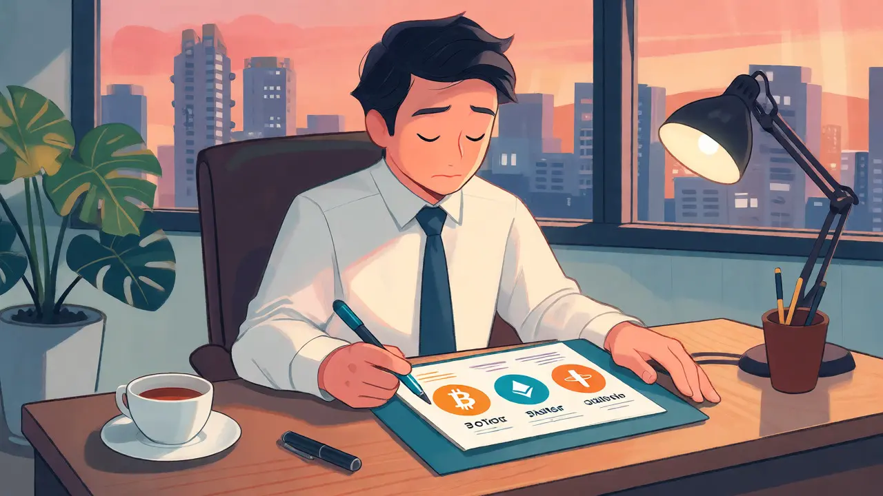 Calm investor reviewing a limited but safe crypto portfolio in a cozy office.