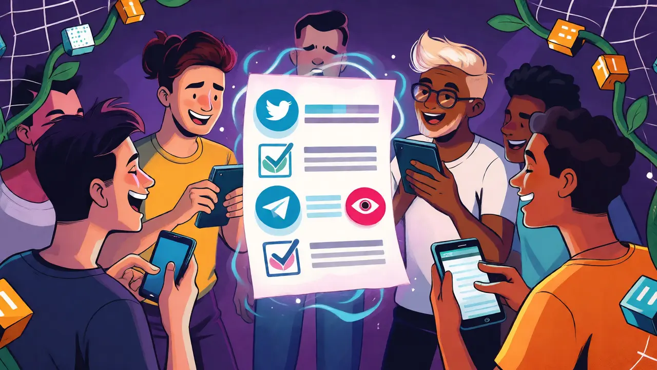 Cartoon characters completing social media tasks around a floating magical checklist.