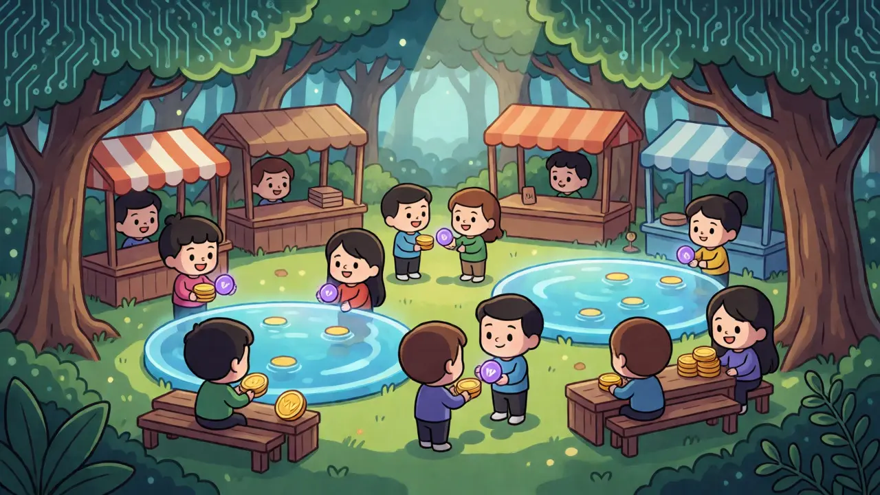 Cartoon characters trading tokens in a magical forest DeFi marketplace