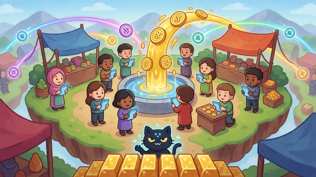 Cartoon traders on a floating island exchanging coins near a fountain