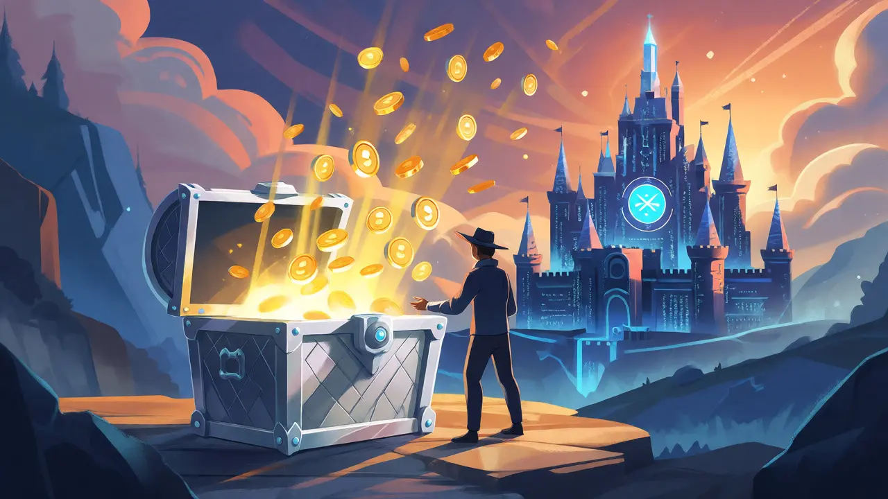 Character opening a silver chest releasing gold coins and holographic tokens