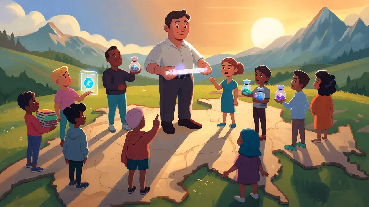 Characters presenting various crypto assets to a tax official on a Swiss map.