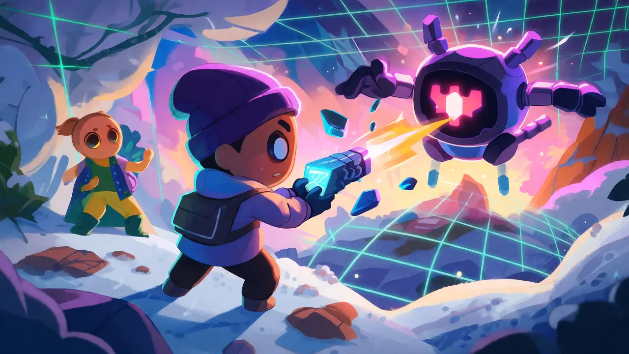 Chibi characters battling an AI boss in a colorful virtual snow world
