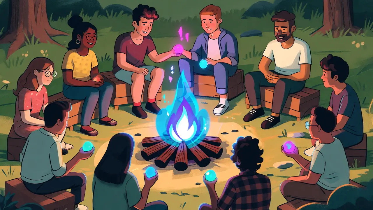 Community members sharing digital tokens around a campfire